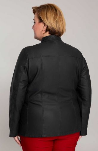 Fekete ekobőr kabát állógallérral