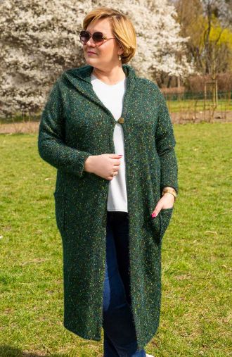 Hosszú kapucnis pulóver zöld melange