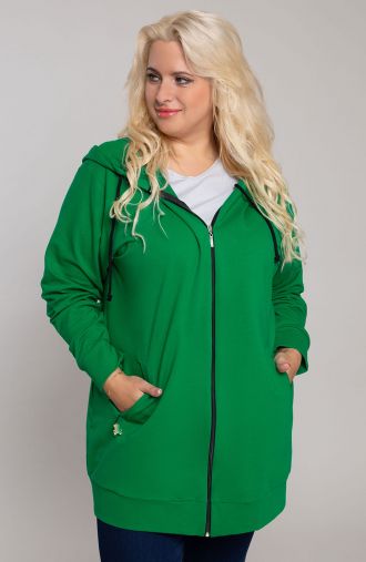 Zöld pulóver kapucnival és zsebekkel