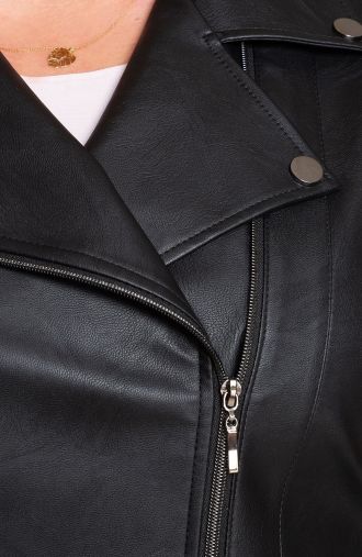 Fekete motoros kabát, gallérral, patenttal