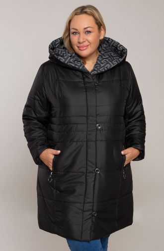 Fekete kabát dekoratív kapucnival