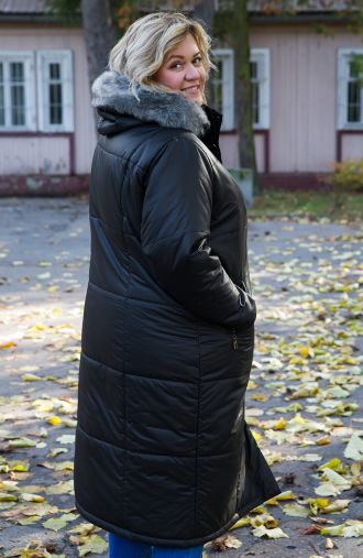 Fekete szigetelt hosszú kabát kapucnival