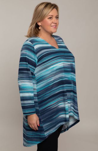 Aszimmetrikus pulóver kék csíkokkal