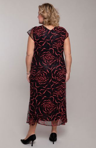 Hosszú vörös rózsa brokát ruha