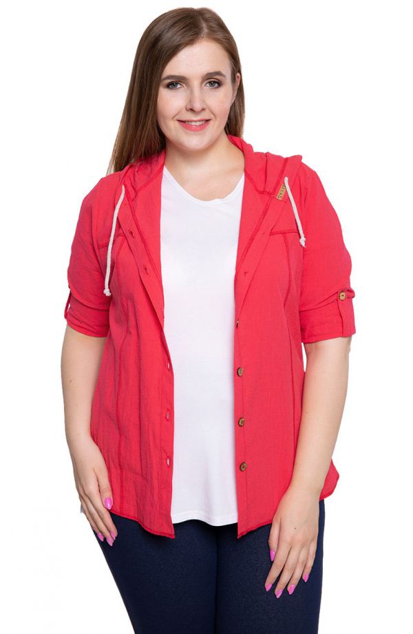 Czerwona bawełniana bluzka z kapturem - moda XXL-es