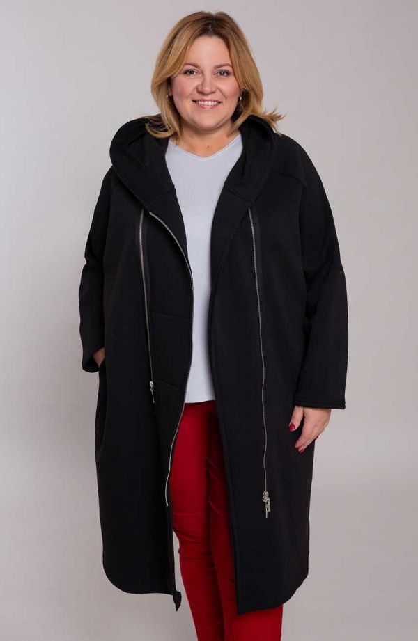 Fekete - Hosszú, meleg, kapucnis kabát-kardigán