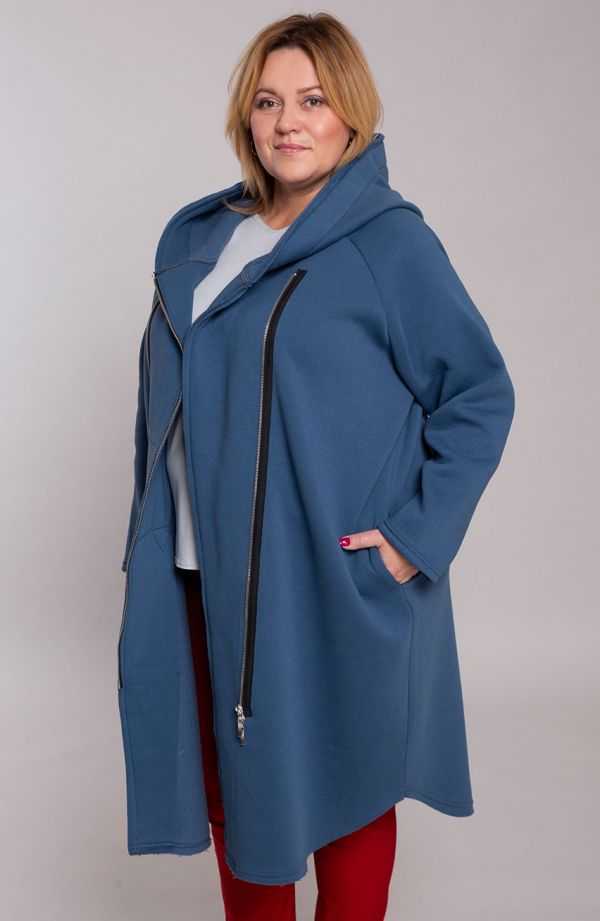 Kék - Hosszú, meleg, kapucnis kabát-kardigán