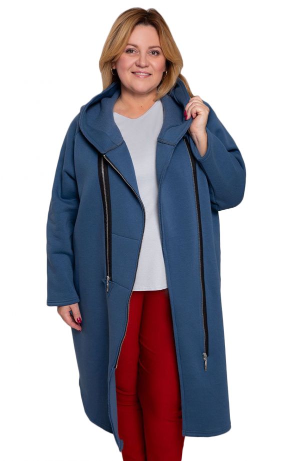 Kék - Hosszú, meleg, kapucnis kabát-kardigán